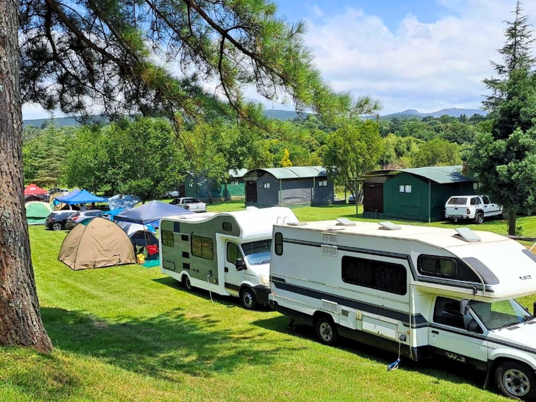 Shaded caravan and camping stands on the lawns at Sabie River Camp
